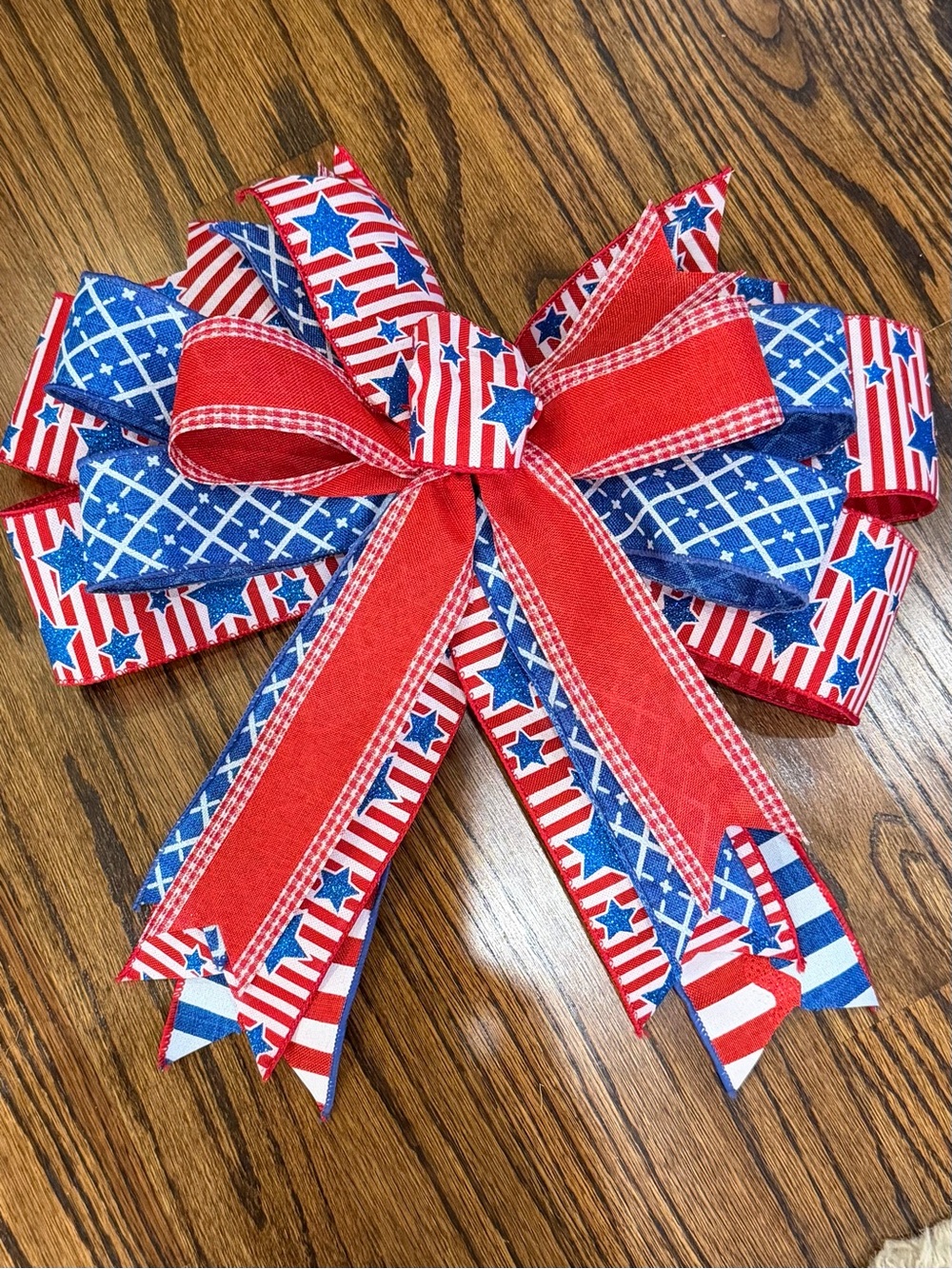 Patriotic Red & Blue Holiday Bow - Americana Star Ribbon Decor